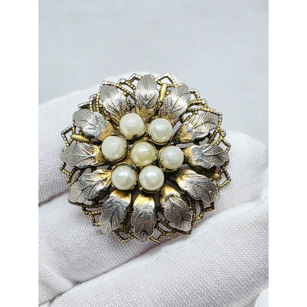 Vintage Gold and Silver Faux Pearl Floral Brooch and Pendant
